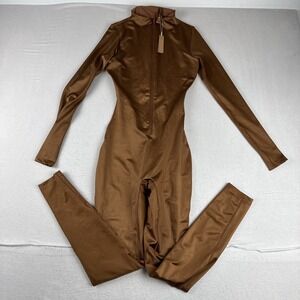 SKIMS All-In-One Shine Crew Neck One-Piece Long Sleeve Jumpsuit Carmel size S